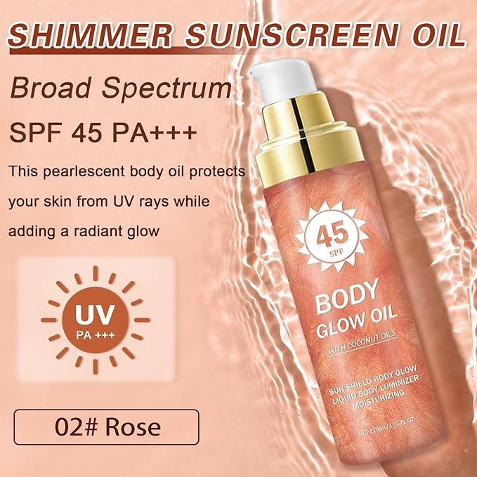LZXLUKGIR Shimmer Body Oil,SPF 45 Broad Spectrum,Shimmer Sunscreen with Rose Gold Mica,Lightweight Non-Sticky Body Glow Oil,Absorbs Quickly,3.72 fl oz,ROSE