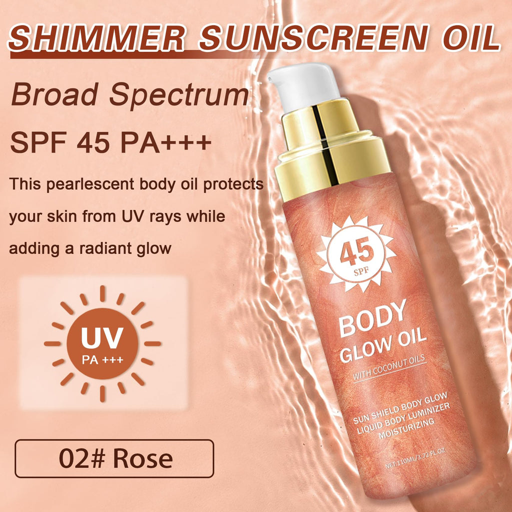 LZXLUKGIR Shimmer Body Oil,SPF 45 Broad Spectrum,Shimmer Sunscreen with Rose Gold Mica,Lightweight Non-Sticky Body Glow Oil,Absorbs Quickly,3.72 fl oz,ROSE