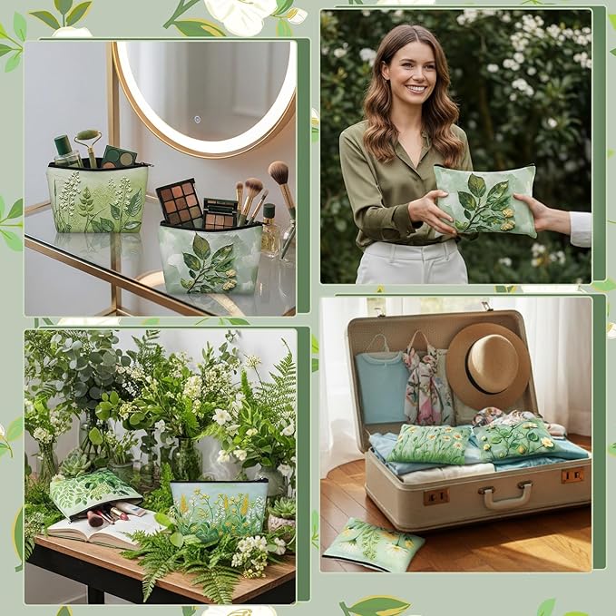 Sweetude 12 Pcs Green Flower Makeup Bags Bulk Green Plants Portable Travel Cosmetic Bags with Zipper Floral Waterproof Roomy Travel Toiletry Organizer Storage Beauty Pouch for Women Gifts