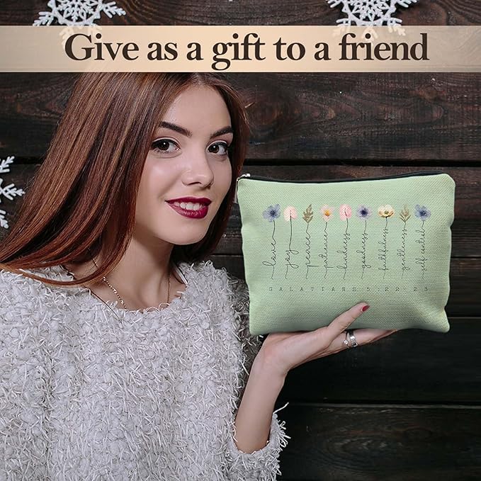 Likjad Christian Gifts Makeup Bag, Floral Christian Cosmetic Bags for Women, Galatians 5:22-23 Bible Verse Makeup Pouch, Faith Based Gifts Zipper Pouch(green)