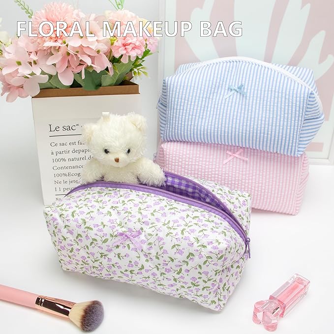 PAZIMIIK Cozy Makeup Bag for Women,Zipper Cosmetic Pouch,Floral Purple