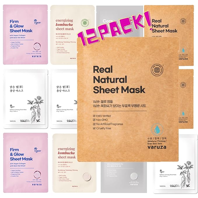 varuza Best Collection – Premium Vegan Korean Sheet Mask Set (12 Sheets) | Firming, Hydration & Glow | Clean Beauty, EWG & Vegan Certified