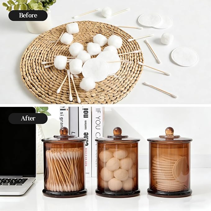 3 Pack Glass Qtip Holder Dispenser with Lids, Airtight Waterproof, 16 Oz Vanity Organizer Bathroom Canisters for Cotton Swabs, Balls, Pads, Floss Picks, Restroom Bedroom Kitchen Storage Jars, Amber
