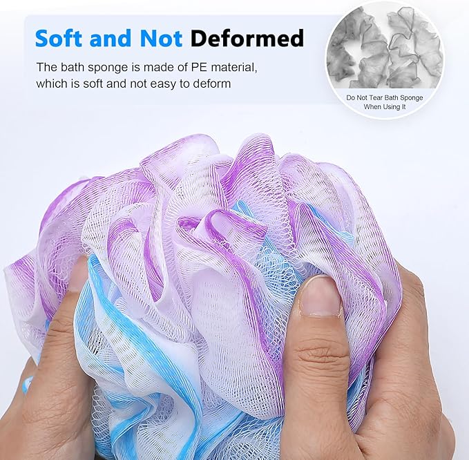 FORENEE Blue, Purple and White Loofah on a Stick, PE Mesh Back Scrubber