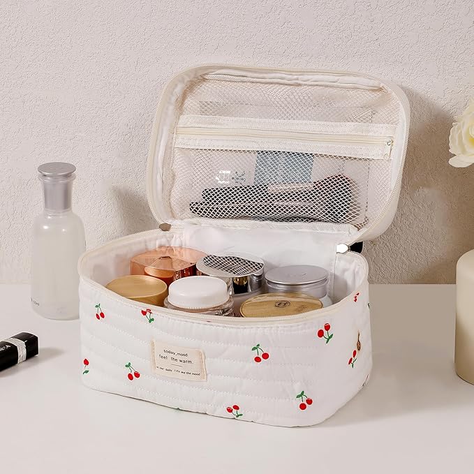 uekeboag Large Travel Quilted Makeup Bag for Women, Floral Cotton Cosmetic Bag, Coquette Aesthetic Floral Toiletry Organizer Bag(12Striated Cherry