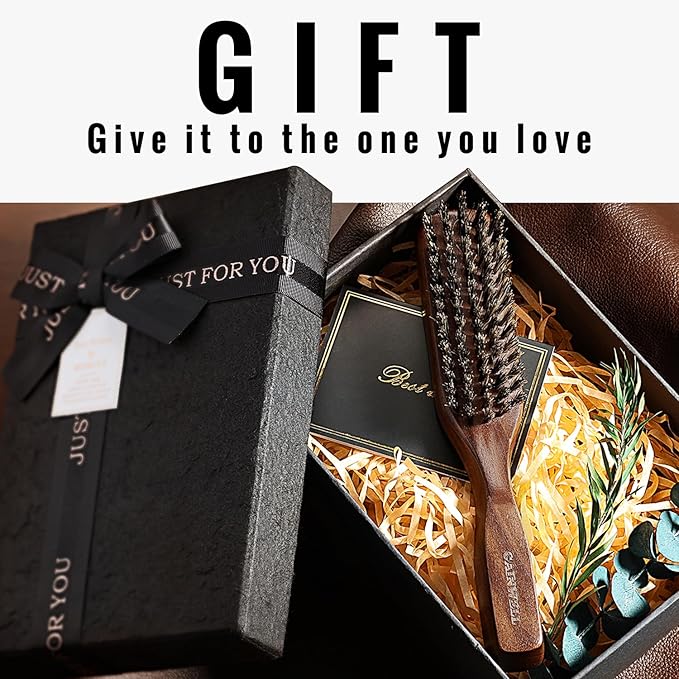 GAINWELL Mens Wild Boar Bristle Hair Brush for Men, Slick Back Hair Brush with Stiff Bristles for Thick & Thin Hair, Beard Brush Natural Black Walnut Wooden Handle Hairbrush