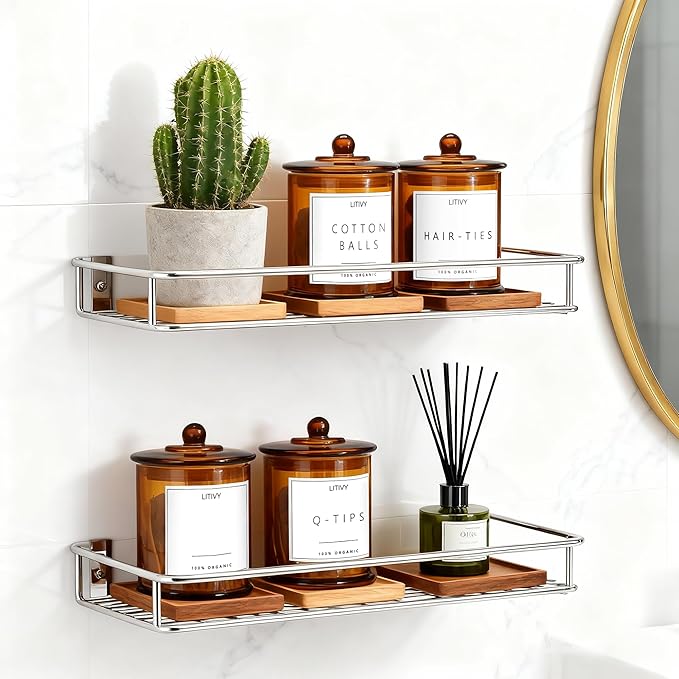 4 Pack Bathroom Organizers and Storage - 16 Oz Glass Qtip Holder & Cotton Pad Dispenser with Lid, Apothecary Jars for Home, Room Decor, Kitchen Organizer (Amber)