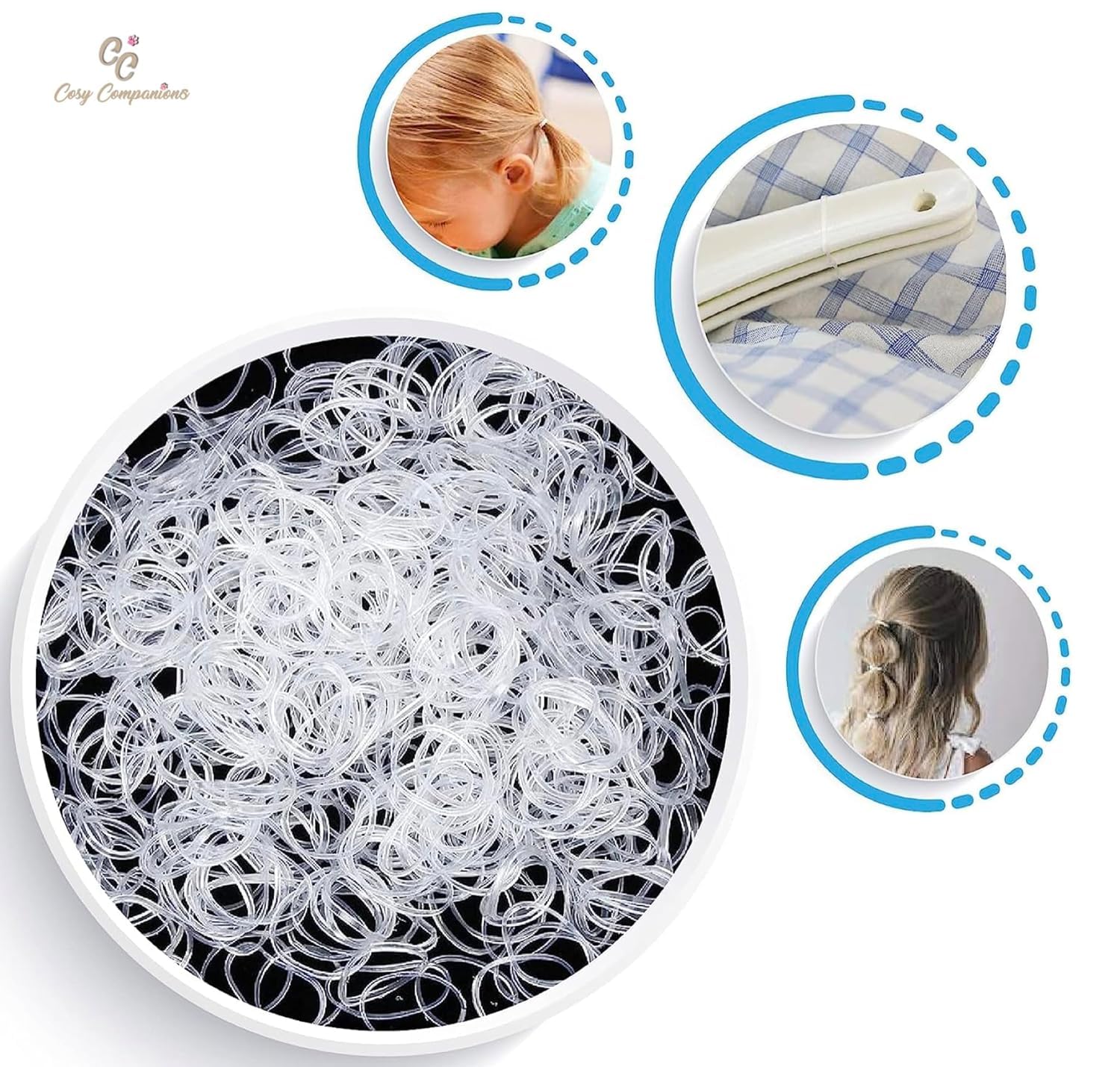 Cosy Companions 100x Clear Hair Elastics, Clear Rubber Bands For Hair Ties For Thin Hair, Mini, Plastic