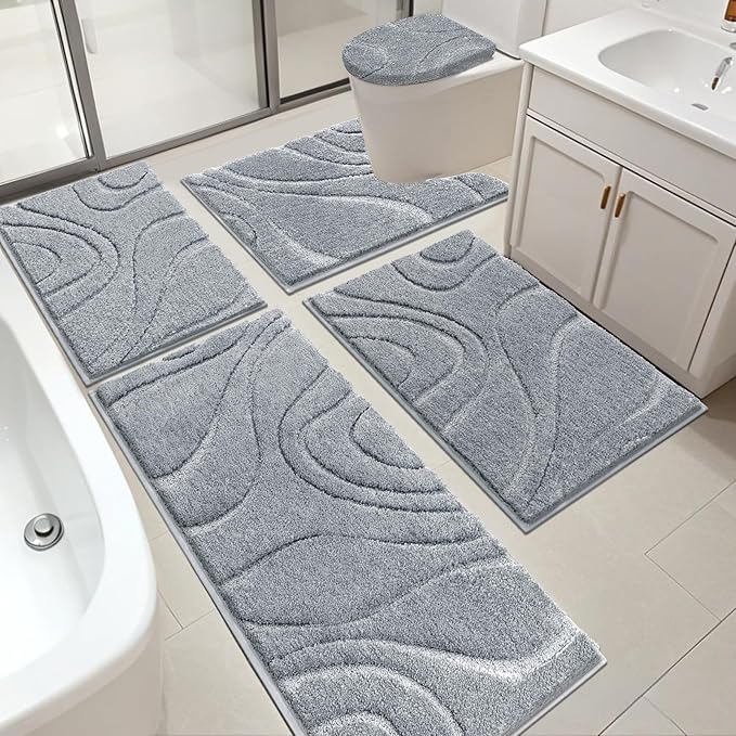 HEBE Bathroom Rugs Sets 5 Piece, Soft Absorbent Microfiber Bath Mat for Bathroom, Non Slip Washable Bath Rug Set with Toilet Cover, Bath Runner and U-Shaped Contour Toilet Rug, Light Grey