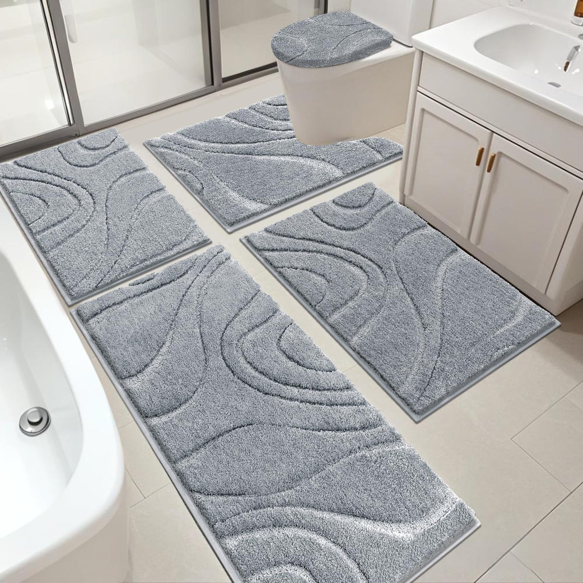 HEBE Bathroom Rugs Sets 5 Piece, Non Slip Washable Absorbent Bath Mat Set