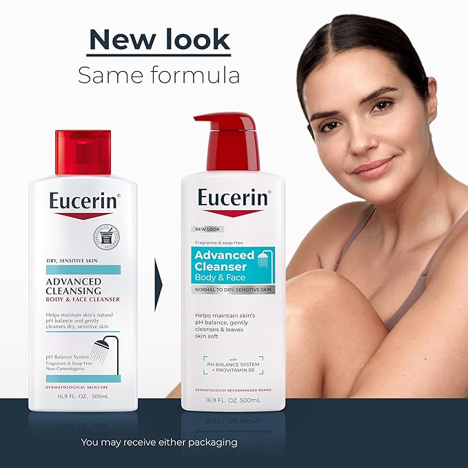 Eucerin Advanced Repair Cleansing Body and Face Cleanser, Gentle Face and Body Wash for Normal to Dry, Sensitive Skin, Soap Free and Unscented, 16.9 FL OZ Bottle