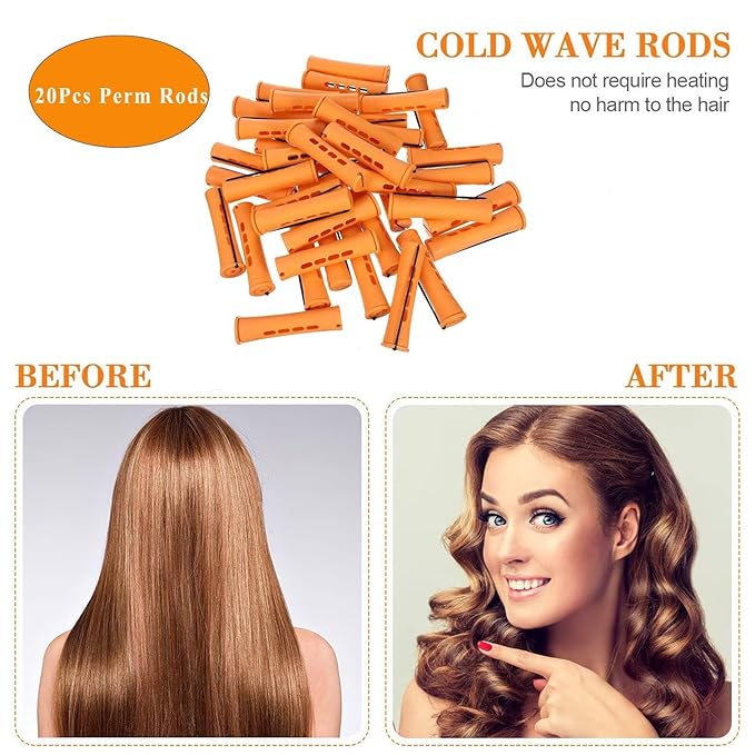 20Pcs Cold Wave Perm Rods Set for Women's Long & Short Natural Hair Plastic Orange Rollers for Curling and DIY Hairdressing
