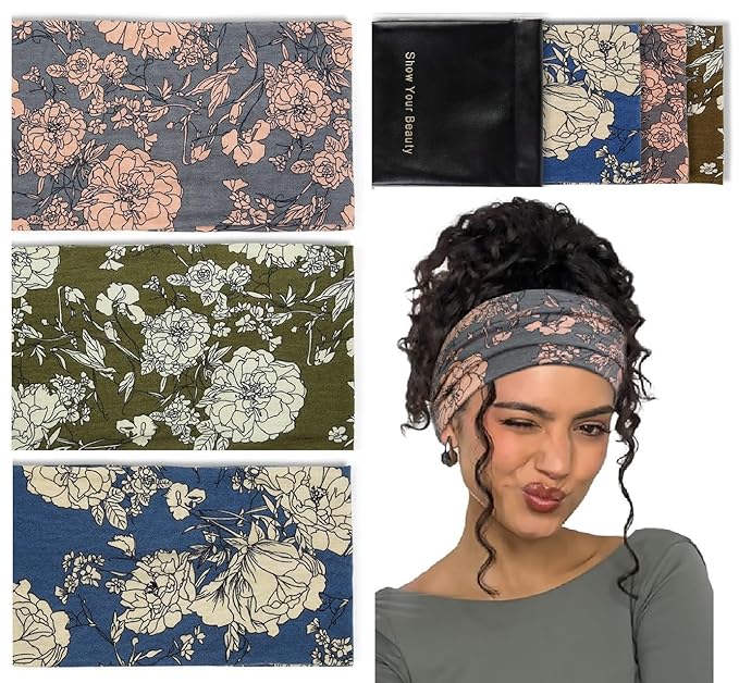 Huachi Wide Headbands for Women Non Slip, Thick Womens Floral Headbands Boho Elastic Hair Bands for Women's Hair, Stretchy Sweat Headband for Workout Running Working