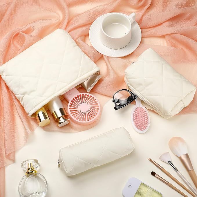 Paterr 3 Pcs Quilted Makeup Bag Set Back to School Favor Small Bridesmaid Cosmetic Bag Aesthetic Travel Pouch Cute Purse Pencil Case Makeup Storage Organizer for Women Birthday Gift(Cotton,Beige)