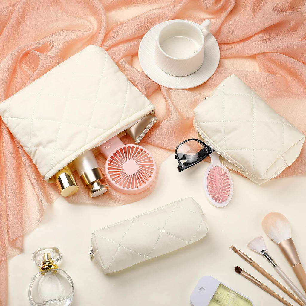Paterr 3 Pcs Quilted Makeup Bag Set Back to School Favor Small Bridesmaid Cosmetic Bag Aesthetic Travel Pouch Cute Purse Pencil Case Makeup Storage Organizer for Women Birthday Gift(Cotton,Beige)