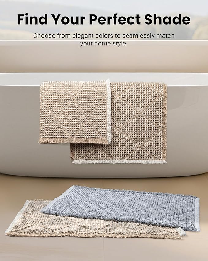 Furicher Waffle Bath Mat Set, Non Slip Bathroom Rugs 2 Piece, Brown & White