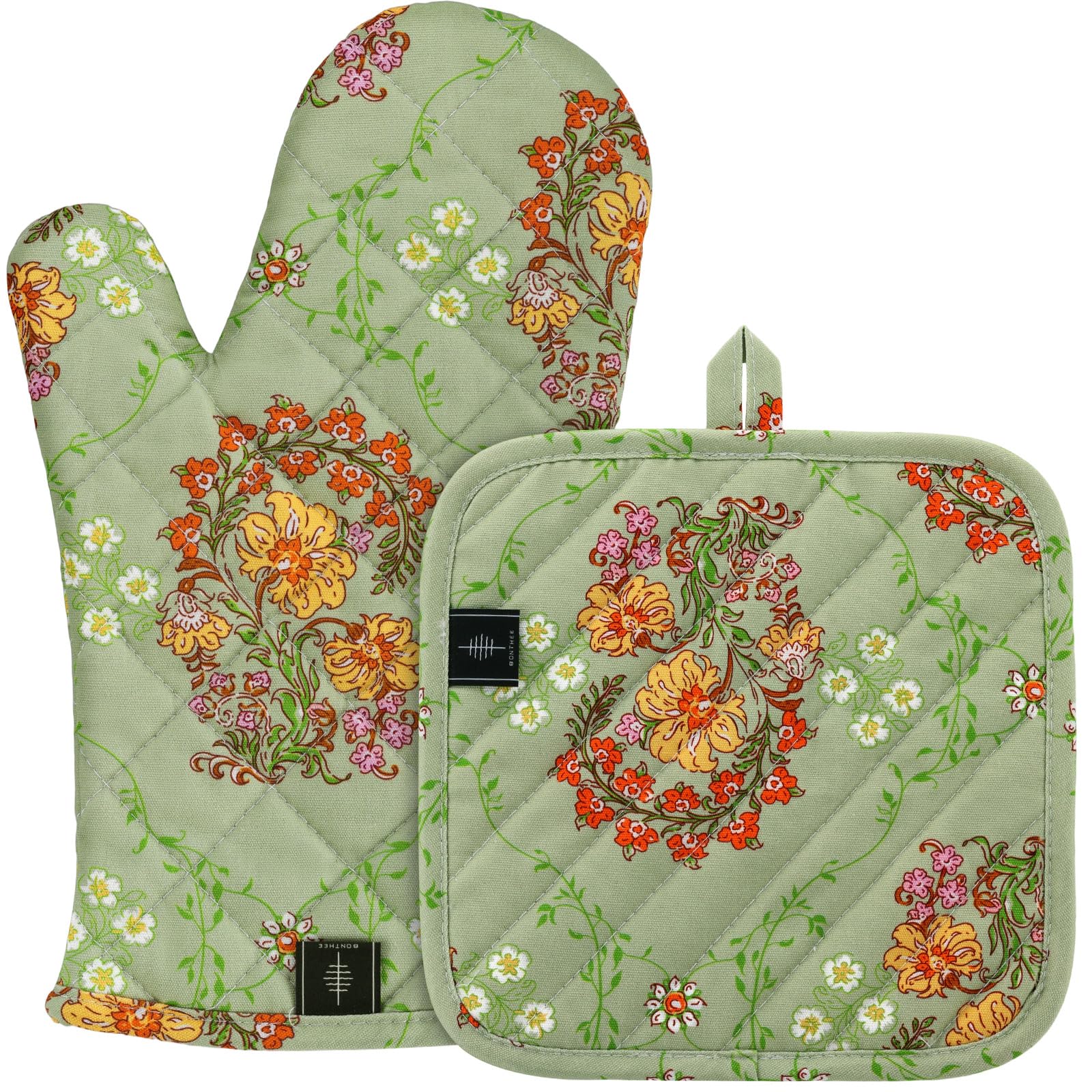BONTHEE Oven Gloves Heat Resistant Potholder Set Oven Gloves with Anti-Slip Striped Cooking Gloves for Cooking Baking - 2PCS