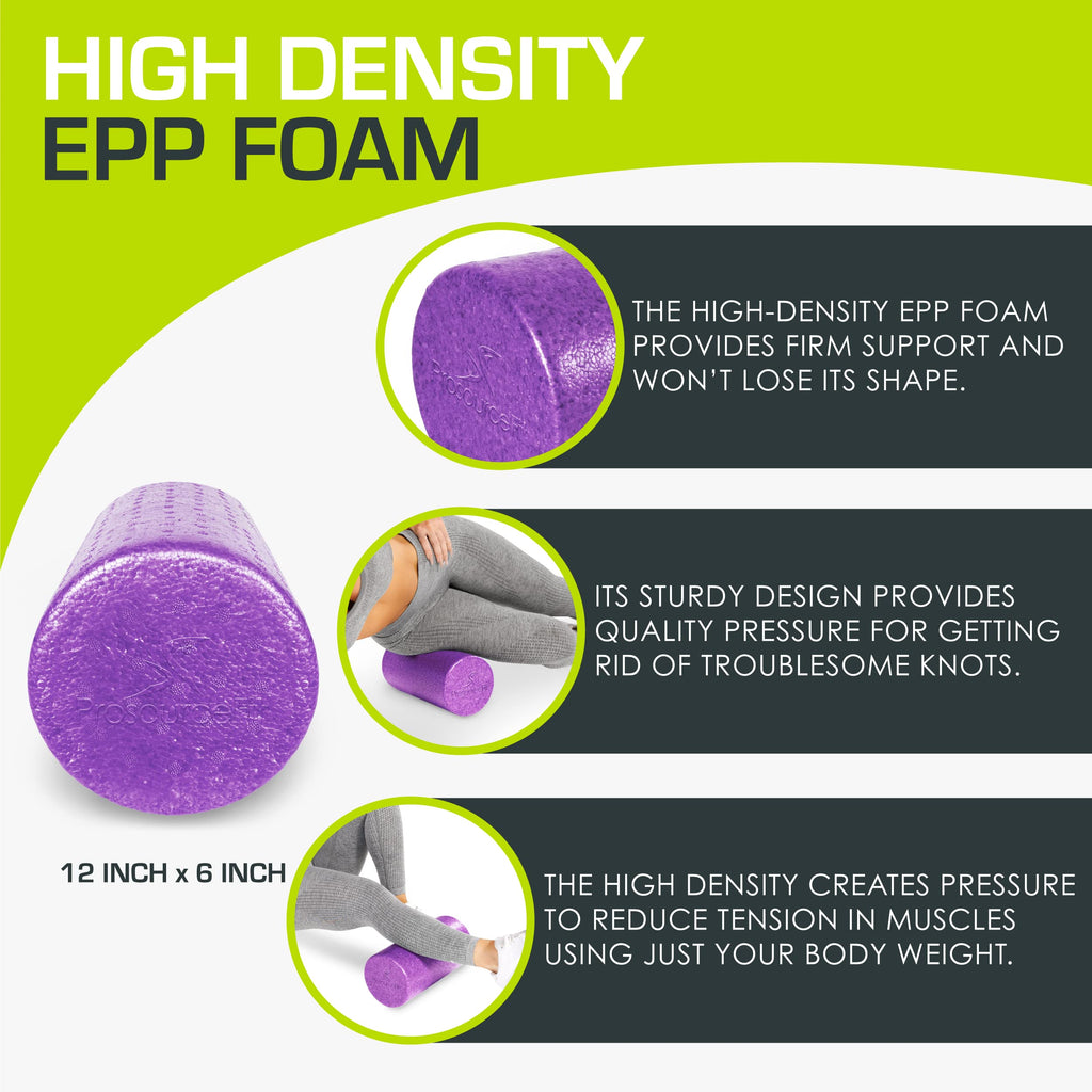 ProsourceFit High Density Foam Rollers 12 - inches long, Firm Full Body Athletic Massager for Back Stretching, Yoga, Pilates, Post Workout Trigger Point Release, Purple