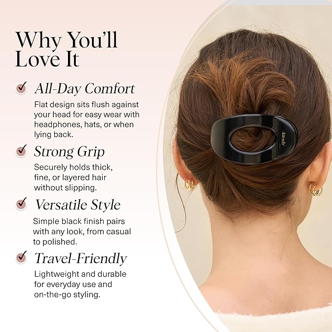 Kitsch Medium Flat Claw Clips for Women - Stylish Flat Hair Clips, Strong Hold for Thick & Fine Hair | Non-Slip for Secure, Comfortable All-Day Wear - Black