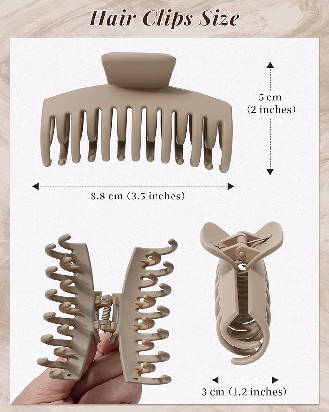 Mesovor 4 Pack Double Row Teeth Hair Claw Clips, 3.5" Large Strong Hold Matte Hair Clips for Thin and Short Fine Hair Accessories (Brown Neutral Matte)