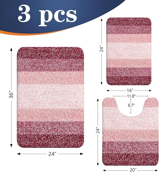 OLANLY Microfiber Bathroom Rugs Sets 3 Piece, 36"x24"+24"x16"+24"x20"