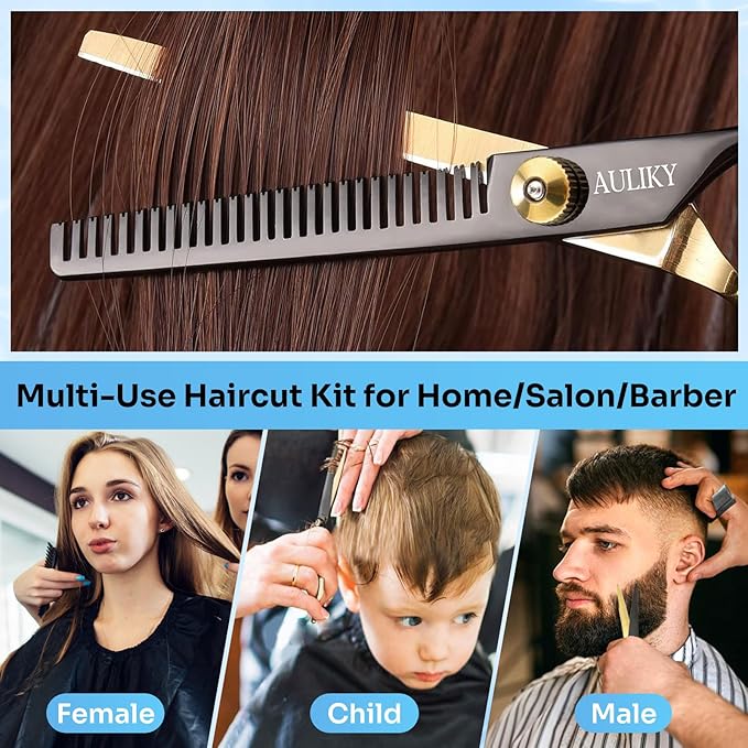 AULikY Hair Cutting Scissors Shears Kits, 15 Pcs Professional Stainless Steel Hairdressing Shears Set Thinning Scissors for Barber/Salon/Home/Men/Women/Kids/Adults