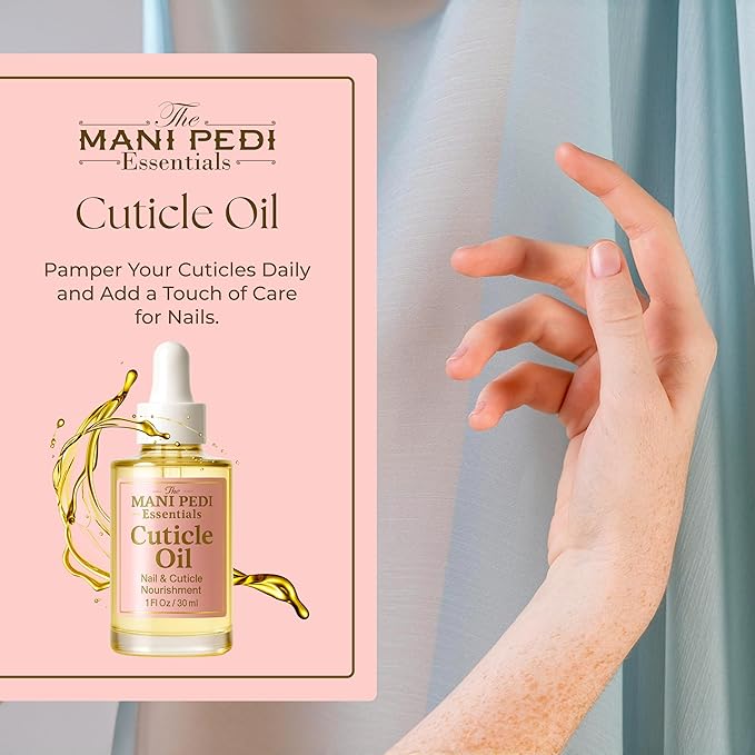 The Mani Pedi Essentials Nourishing Cuticle Oil enriched with Jojoba Oil, Vitamin E & Sweet Almond Oil. Manicurist's Choice for Healthy, Nourished Nails & Cuticles – 1 Fl Oz