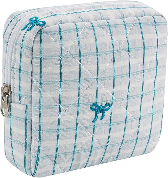 RSRSLEII Small Quilted Striped Cosmetic Pouch for Purse, Mini Cotton Makeup Bag with Compartments, Cute Zipper Lipstick Holder for Women (25 Blue Checkered Stripes)