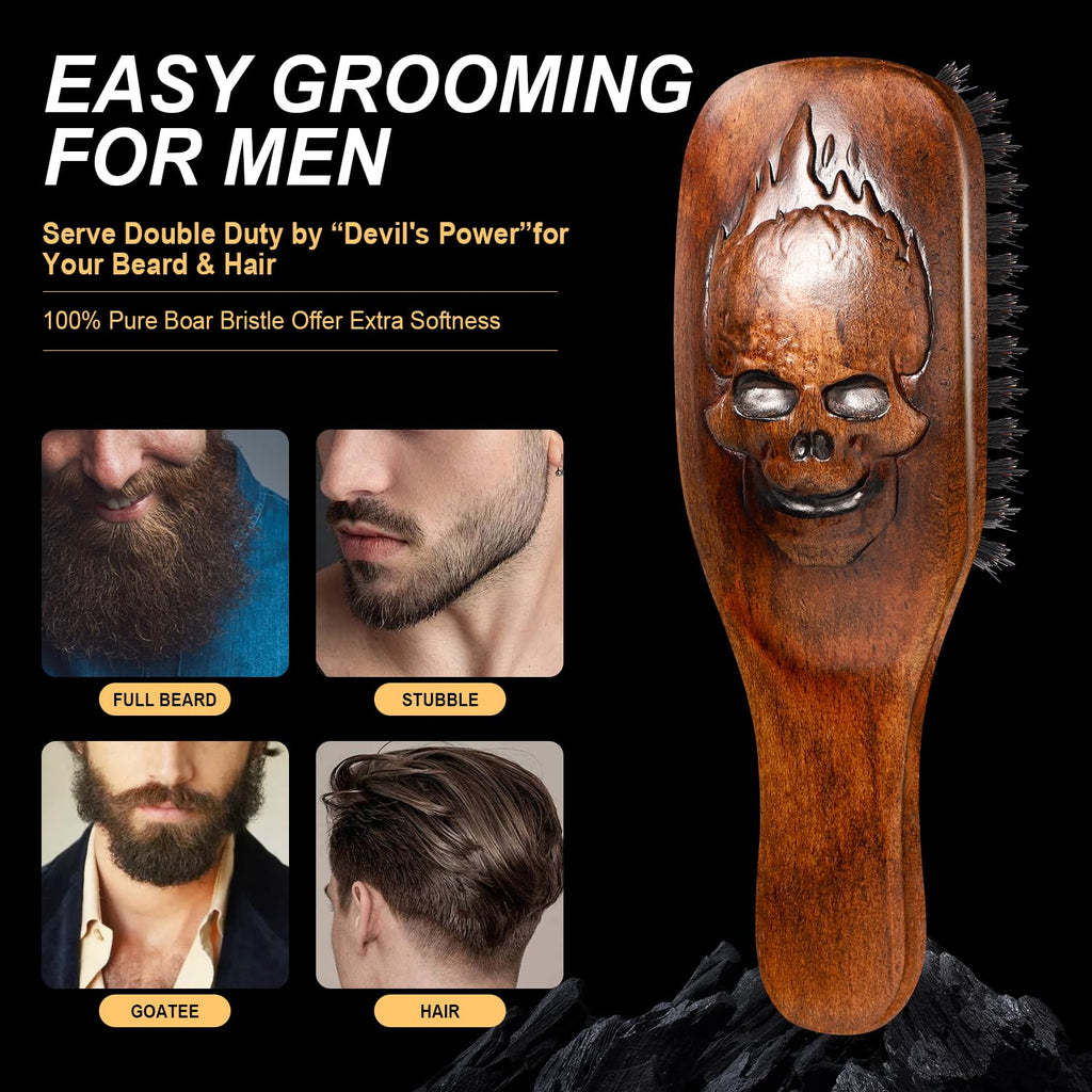 Eagle Fortress Boar Bristle Hair Brush for Men Hair Care - Beard Brush, Mustache Brush with Skull on Wooden Handle, Grooming & Styling Tool for Men, Standard Size