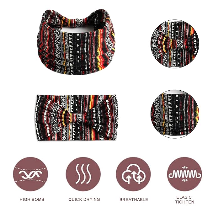 Boho Headbands For Women Fashion Stretch Wide Hair Bands Knoted Turban Head Bands Yoga Running Sweatband Elastic Headband Stylish Wrap Headbands Hair Accessories for Teen Girls 4 Pack