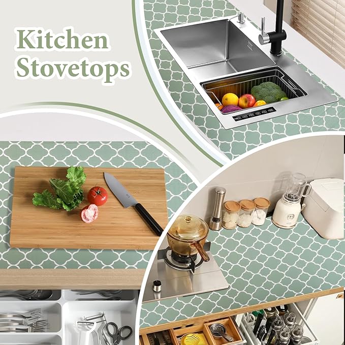 Shelf Liners for Kitchen Cabinets Non Adhesive Drawer Liner 17in x 30FT Light Green Quatrefoil Thickened Shelf Liner Strong Non-Slip Easy to Clean for Tool Box Refrigerator with Knife and Tape Measure