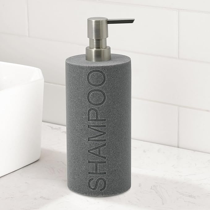 Indecor Home Resin Neutral Gray Sandstone Shampoo Engraved Bottle Refillable Pump Dispenser, Durable Waterproof Resin Construction for Bath, Shower - Gray Sandstone Satin Nickel Pump