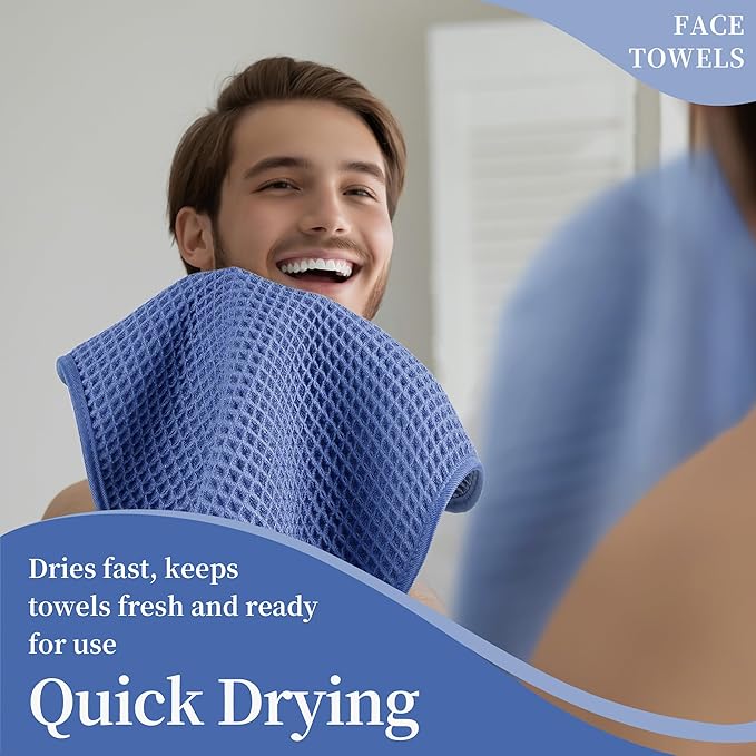 Microfiber Waffle Face Towels, 4 Pieces, Soft, Absorbent, Fast Drying, Lint Free 430 GSM (Dark Blue)