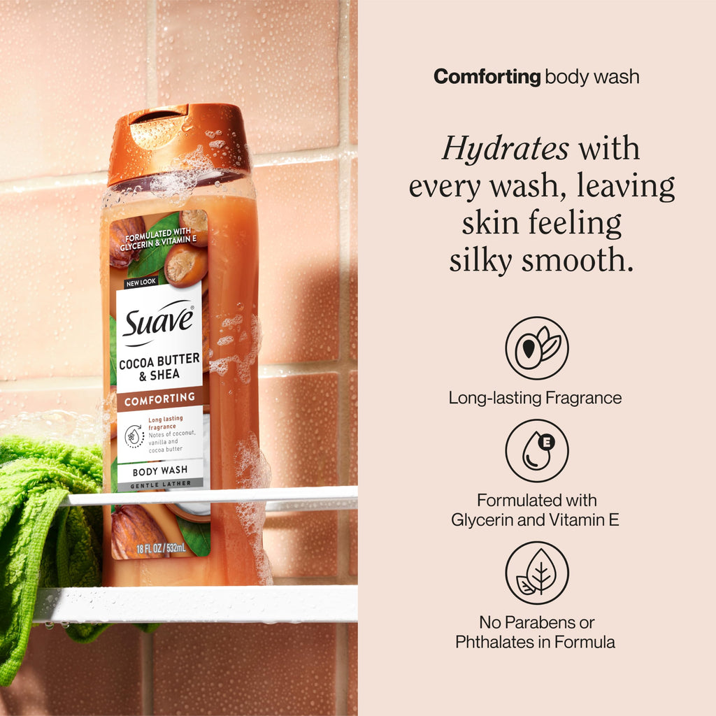 Suave Moisturizing Body Wash, Cocoa Butter and Shea with Vitamin E Extract, No Parabens, No Phtahaltes, 18 Oz Pack of 6