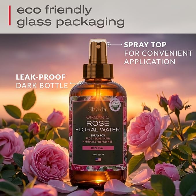 Ella & Eden 100% Pure Organic Rose Water Spray for Face, for Hair - 8oz, Alcohol-Free, No additives - USDA Organic, Steam-Distilled - Refreshing, Hydrating, Glass Bottle