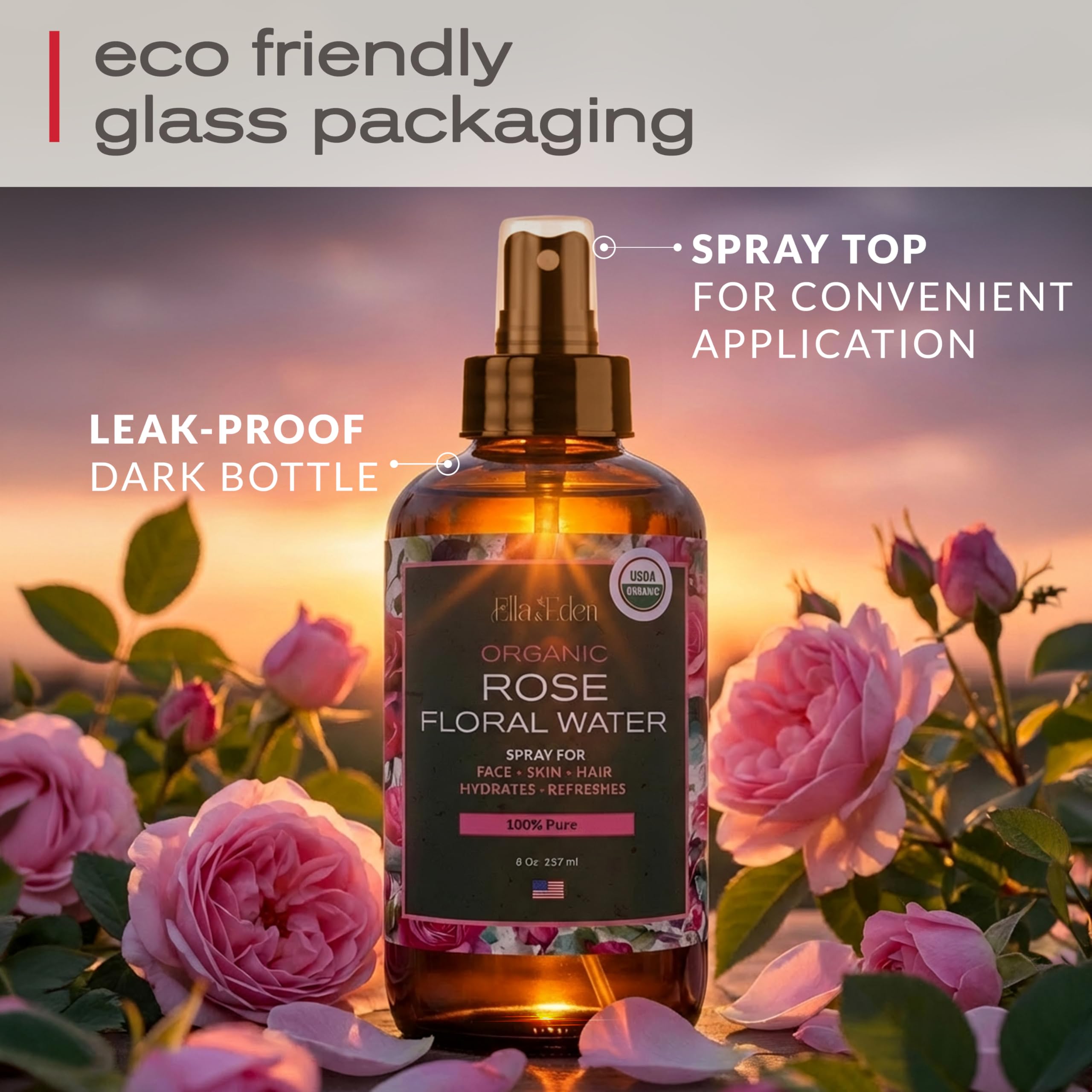 Organic Rose Water Spray for Face & Hair, 100% Pure, Alcohol Free, 8 Oz