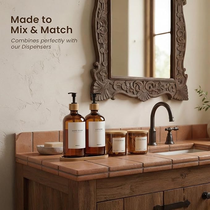 MaisoNovo Qtip Holder Bathroom Set – Airtight Cotton Ball Holder with Lid to Store Cotton Rounds, Swabs, Floss Picks, Hair Ties with free labels pack - 2 Amber Jars with Bamboo Lids