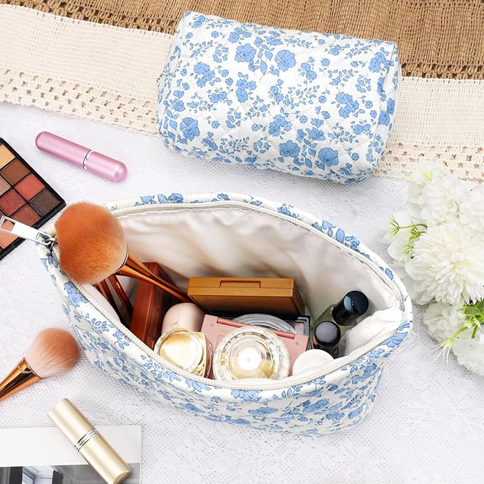 Lestp 2Pcs Small Makeup Bag Quilted Cosmetic Bag Flower Pencil Case Travel Makeup Bag Set for Women Cute Cosmetic Pouch Aesthetic Cotton Toiletry Organizer Storage Bags Puffy Zipper Pouch A