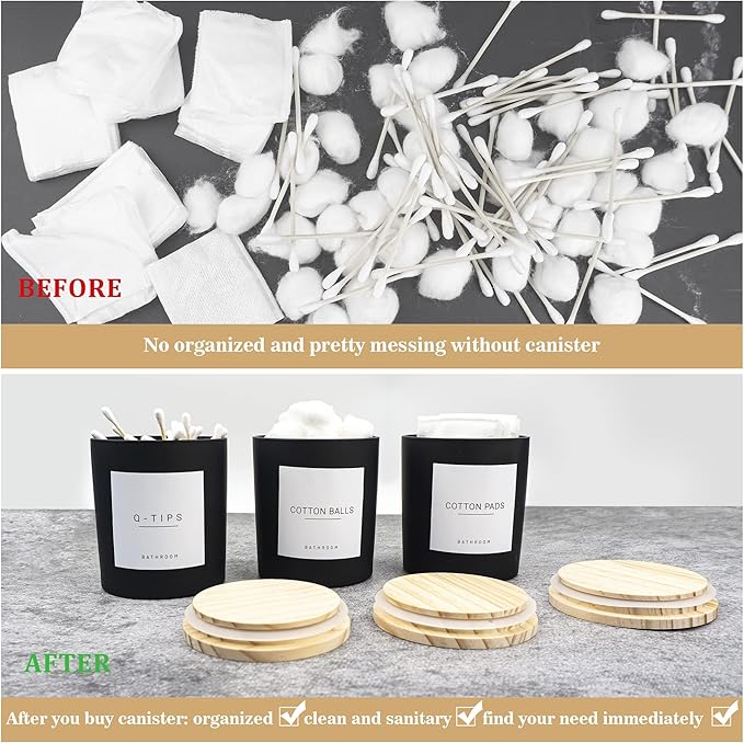 Ezebesta 3PCS Modern 13.53oz Black Bathroom Canisters with 12 Labels & Wooden Lid Thick Glass Jar Set Qtip Holder for Cotton Ball & Pads Storage Organization Minimalist Decor
