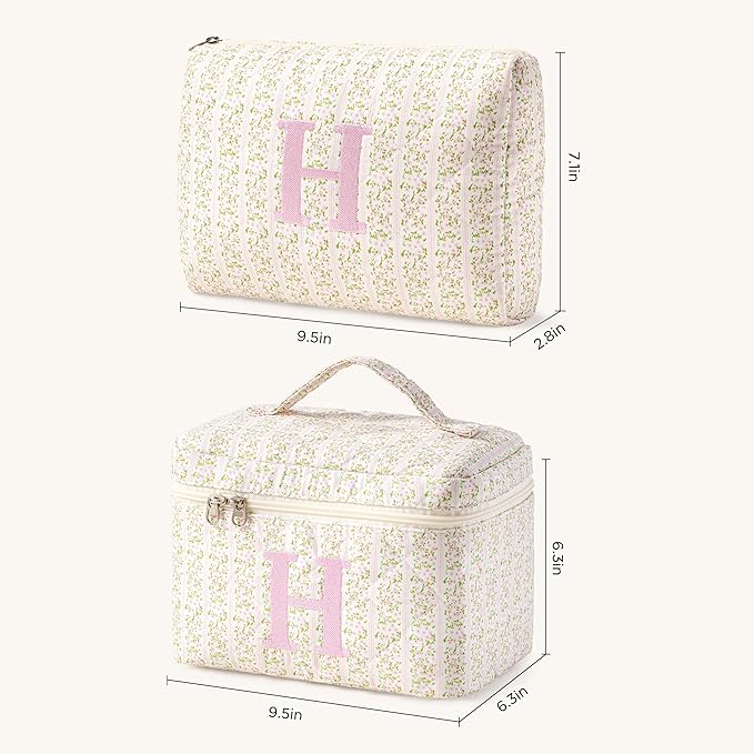 HBselect 2Pcs Initial Quilted Makeup Bag, Pink Cosmetic Travel Toiletry Bag, Flowers Coquette Zipper Make Up Pouch Organizer Teen Girl Gift Trendy Stuff H