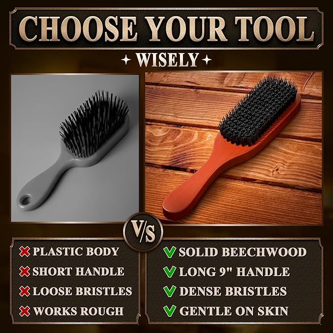 Mens Beard Brush with Handle, 9 in, Soft Boar Bristle, Wooden