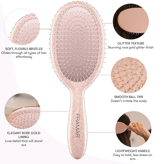 FRAMAR Glitter Hair Brush Detangler, Detangling Hairbrush For Women, Wet Hair Brush For Girls, Hair Detangler Brush, Wet Hairbrush, Hairbrushes, Reduces Frizz – Rosé