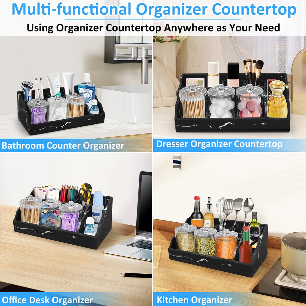 Marble Bathroom Countertop Organizer, Black Toothbrush Holders for Bathrooms Counter Organizer with 3PCS Qtip Dispenser, Toothbrush and Toothpaste Holder for Bathroom Organization Vanity Storage