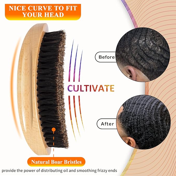Aosina Soft 360 Wave Brush for Men, 100% Pure Boar Bristle Hair Brush for Men, Beech Wood Curved Palm Brush for Fresh Cuts, Beginners, Short Hair Waves & Beard Grooming