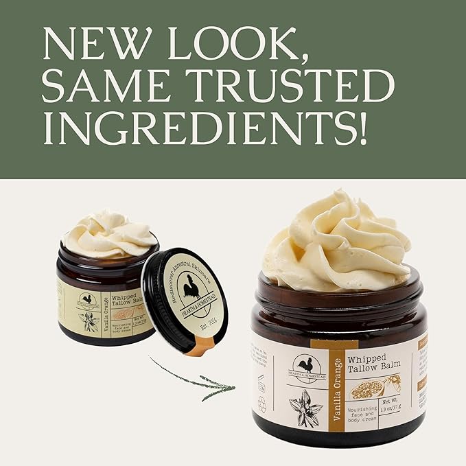 Hearth & Homestead Whipped Beef Tallow for Skin & Face - 100% Grass Fed, Eczema Cream & Body Butter, Organic Olive Oil, Calendula & Rose, Lotion & Hand Moisturizer for Dry Skin, Vanilla Orange, 1.3oz