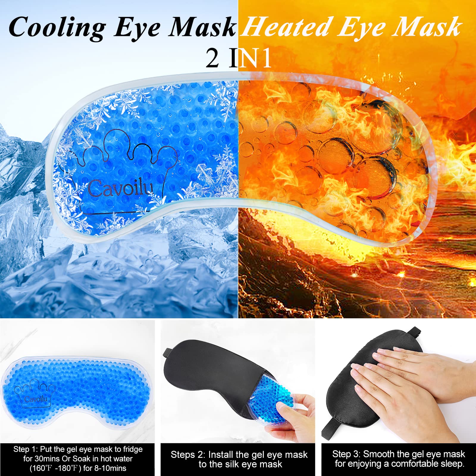 Cavoilu Silk Sleep Mask with Cooling Gel Eye Mask, Warm and Cold Compress, Heated Eye Mask for Tired Eyes, Stain Eye Cover Sleeping Mask for Travel, Home, Office, Yoga, Total Blackout (Black)
