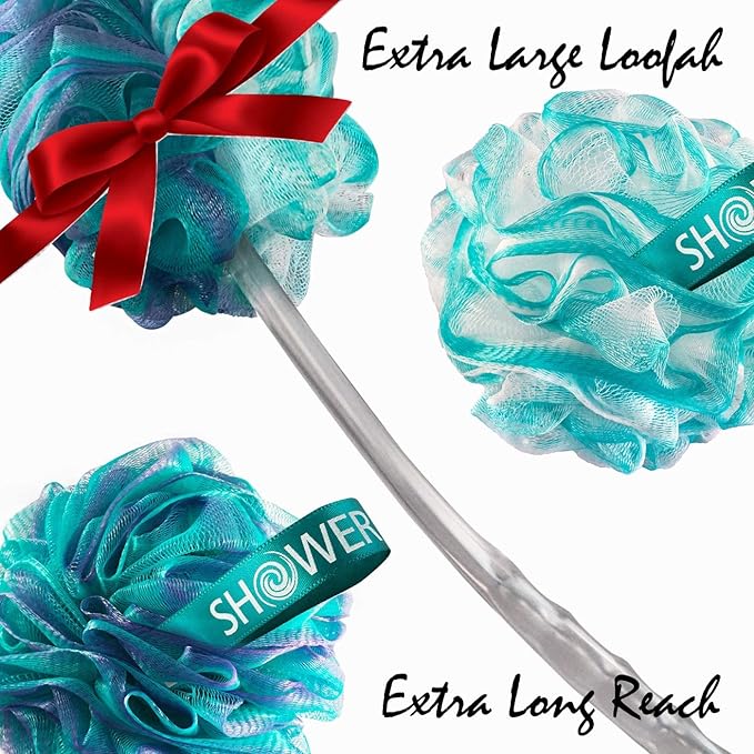 SHOWER BOUQUET 2-Sided Back-Loofah-with-Handle & 2 Bath Sponge Puff Set