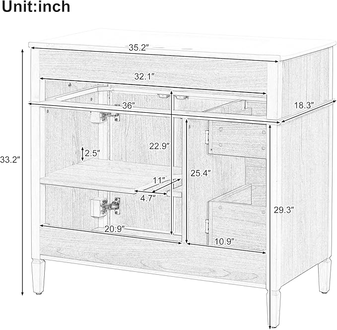 Harper & Bright Designs 36" Bathroom Vanity with Sink, Free Standing Single Basin Vanity Set with Tip-Out Drawer, 2 Drawers, and 2 Doors, Wood Bathroom Cabinet with Ceramic Basin for Bathroom, Wood