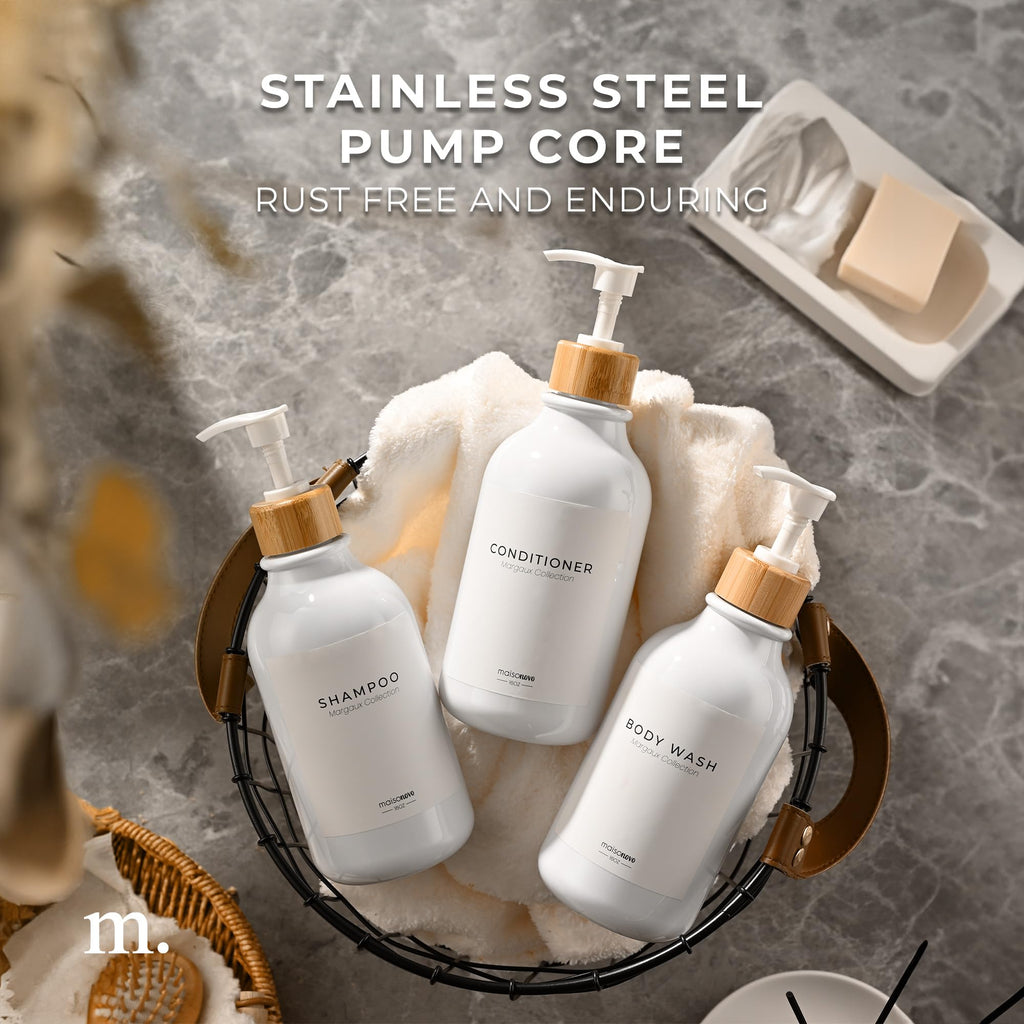 Shampoo and Conditioner Bottles Set of 3 White Bamboo – Shower Shampoo Dispenser – Hotel Style Bathroom Upgrade by MaisoNovo