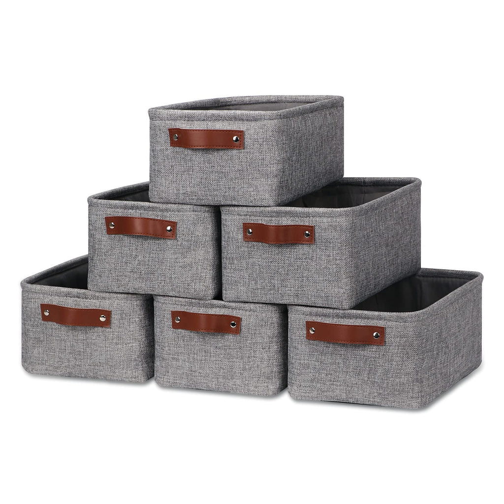 HNZIGE Foldable Fabric Storage Baskets (6pack), Empty Gift Baskets with Leather Handles, Decorative Organizers for Closet (Gray, 11.8" x 7.8" x 5.1")
